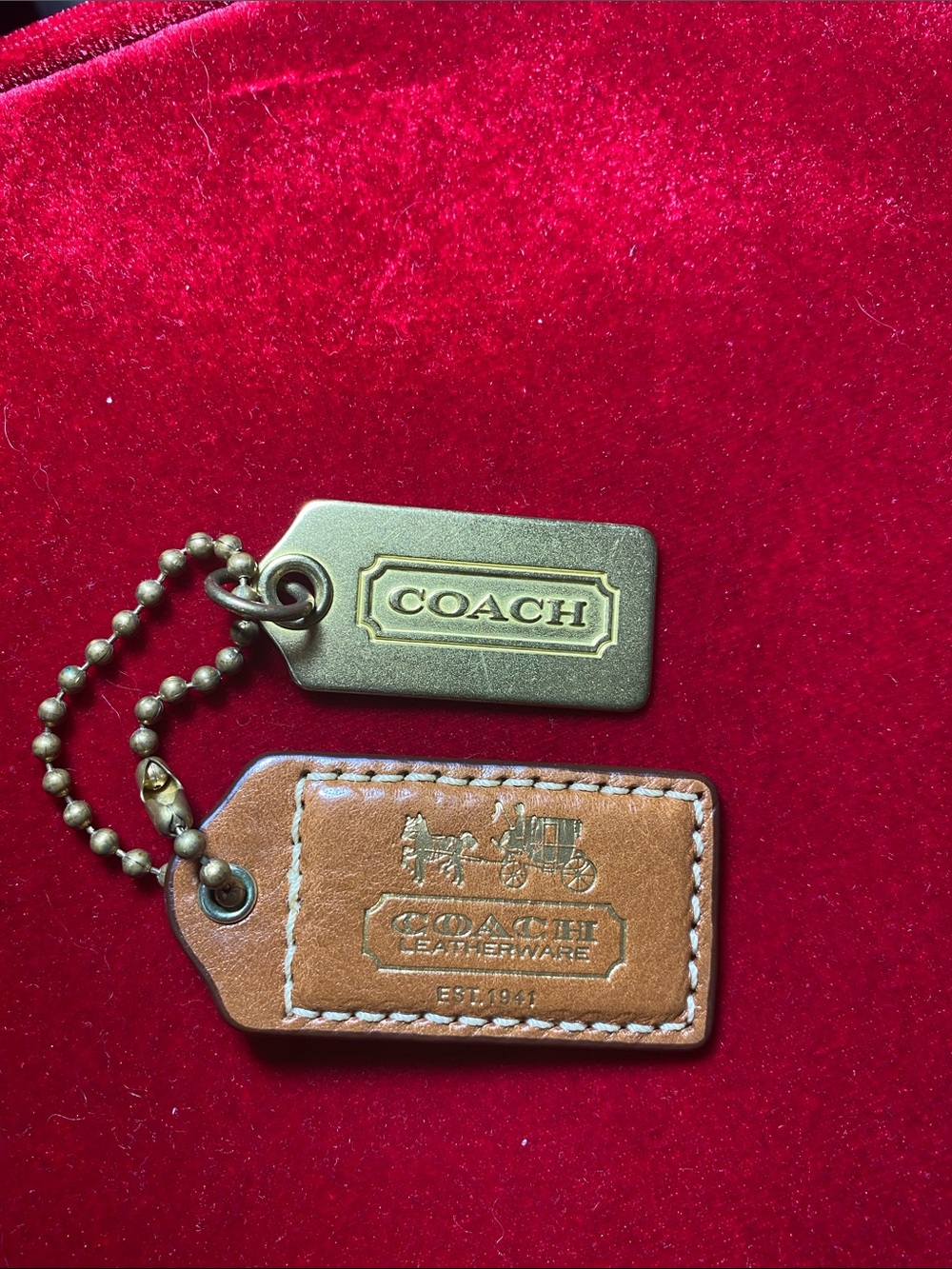 COACH Tan Leather & Gold-Tone Logo Tag Keychain